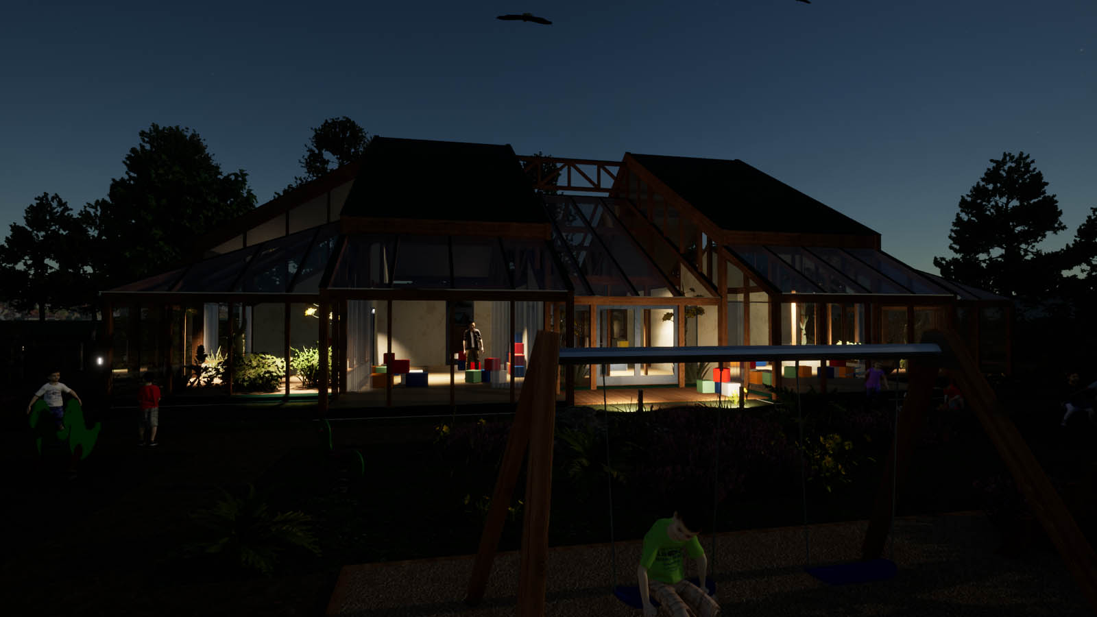 Holzskeletthaus Nachts von Süd