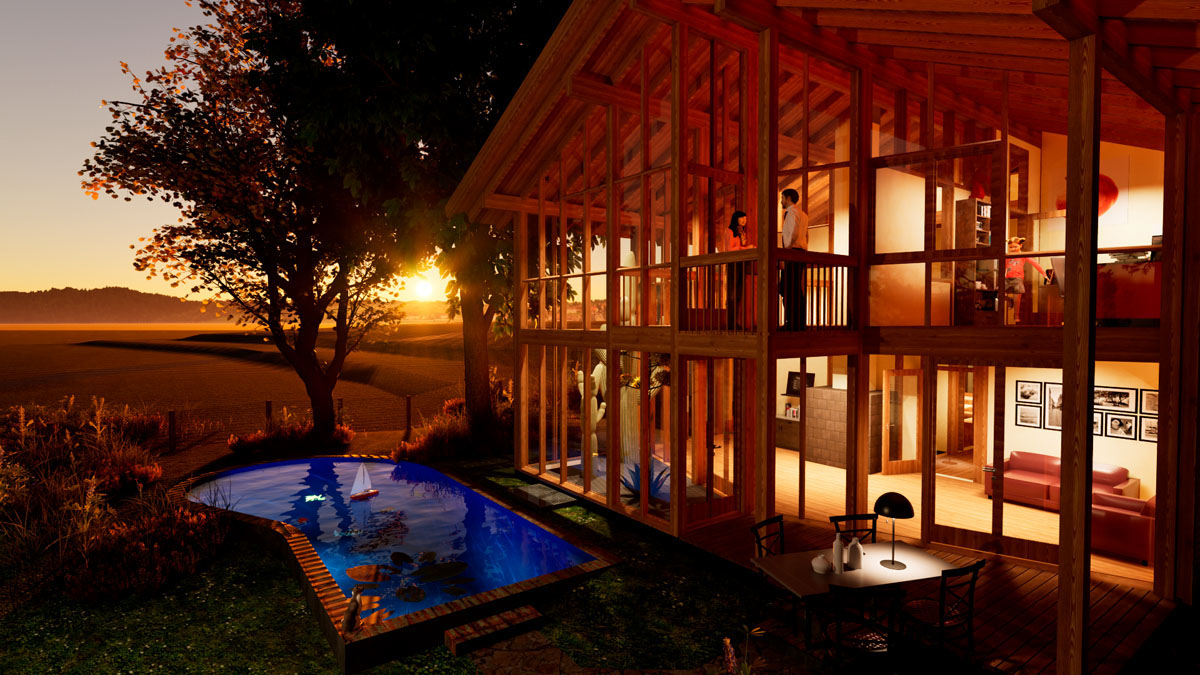 Holzskeletthaus im Sonnenuntergang Holzskeletthaus im Sonnenuntergang