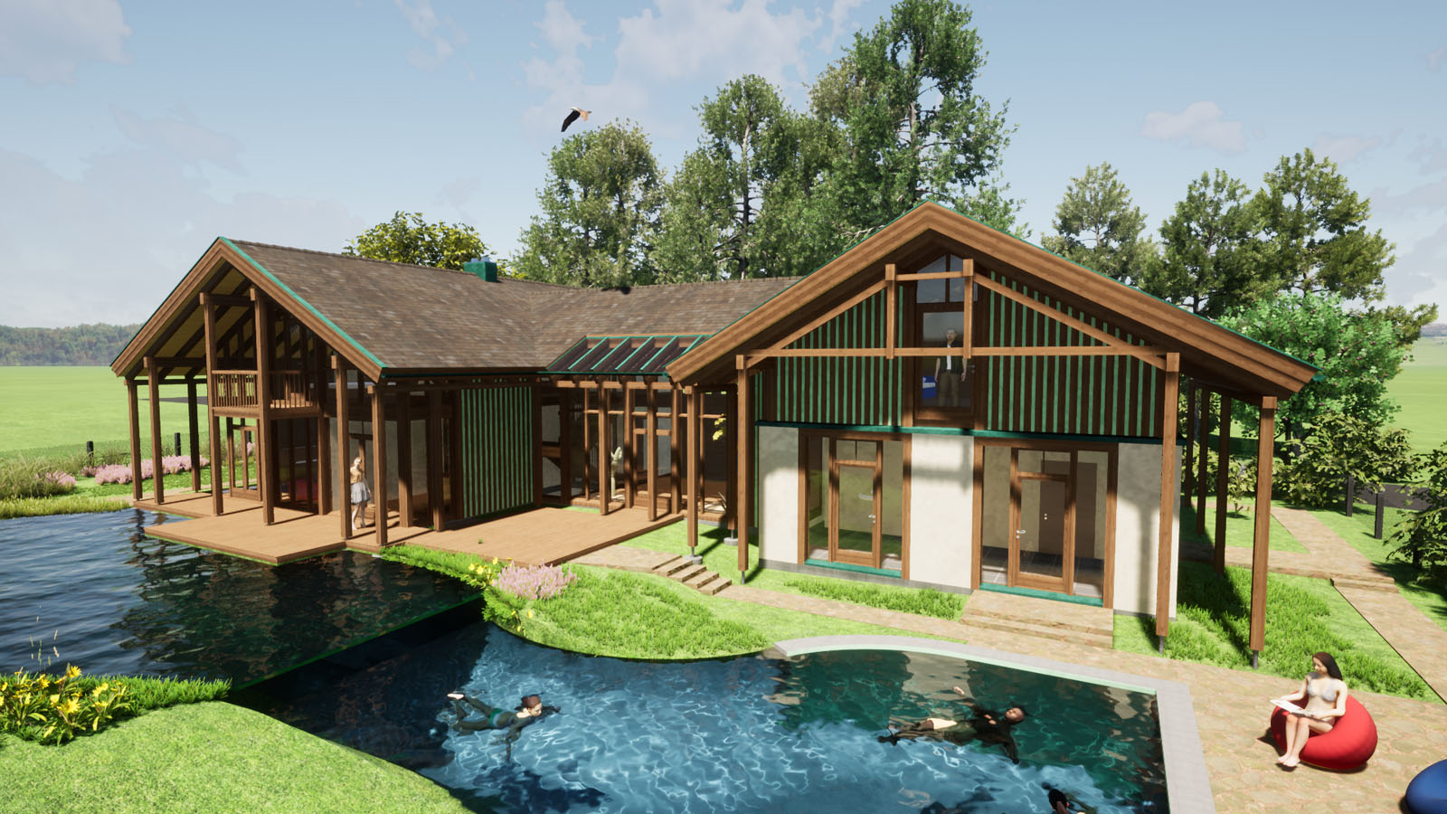 Holzskeletthaus Südost im Sommer