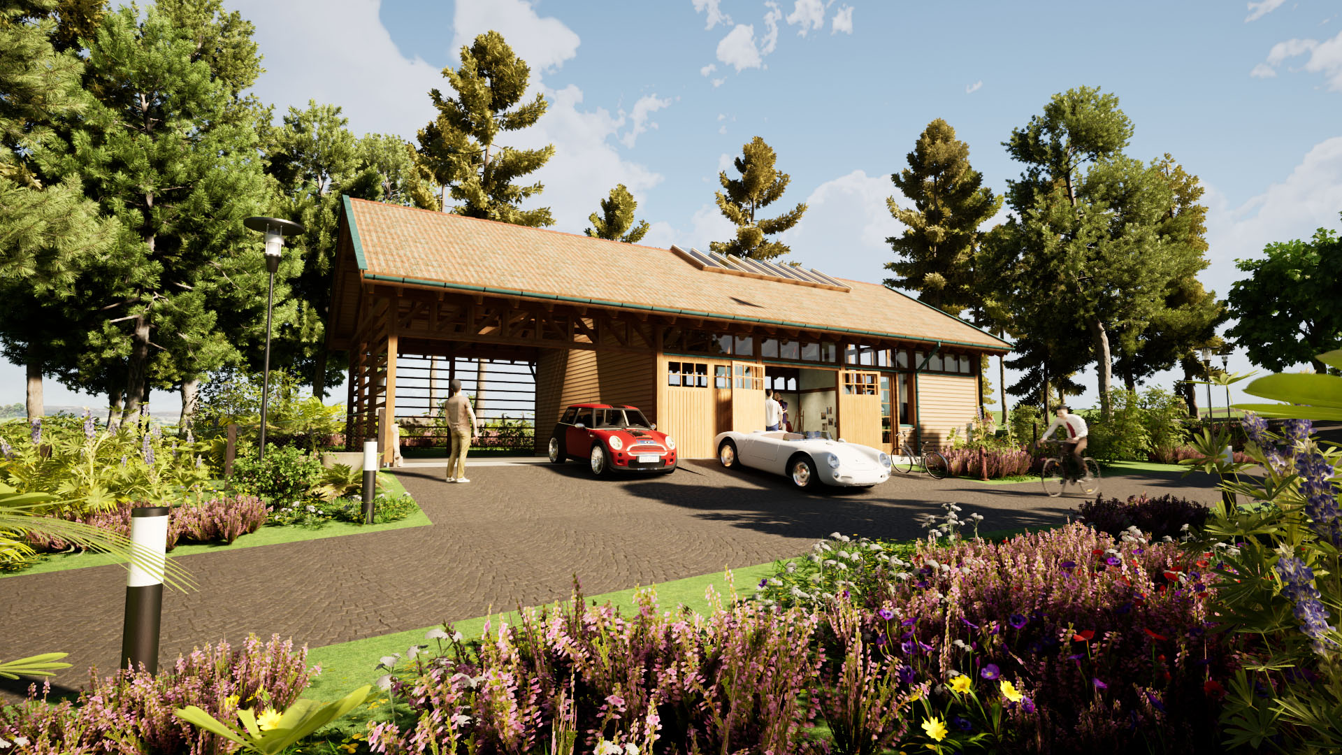 Holzskeletthaus Holzskeletthaus - Oltimer Werkstatt mit Porsche 550A Spyder | Baujahr 1956