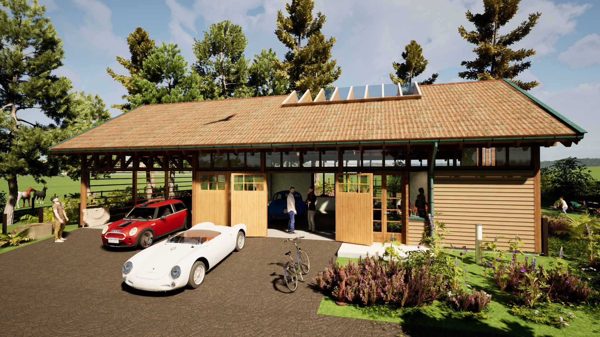 Holzskeletthaus Holzskeletthaus - Westansicht mit Porsche 550A Spyder | Baujahr 1956