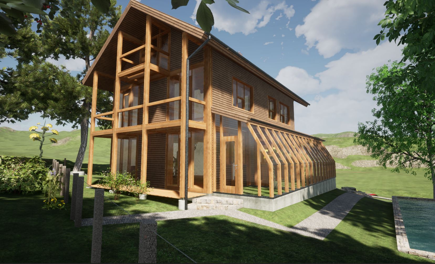 Holzskeletthaus mit Gewächshaus in Oberfranken Holzskeletthaus mit Gewächshaus in Oberfranken